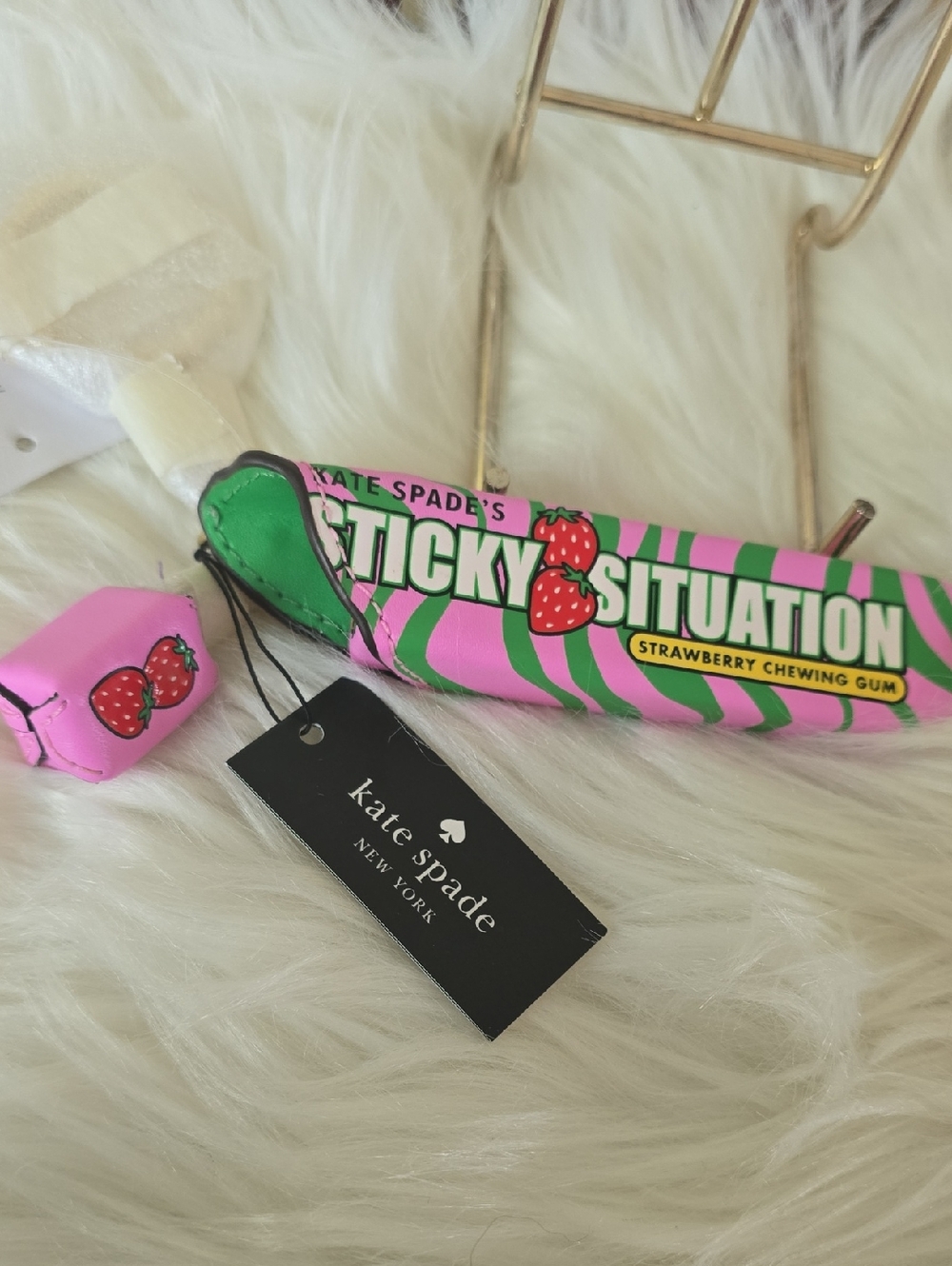 NWT Kate Spade pink and green Sticky Situation Strawberry BAG  Charm - Picture 6 of 11